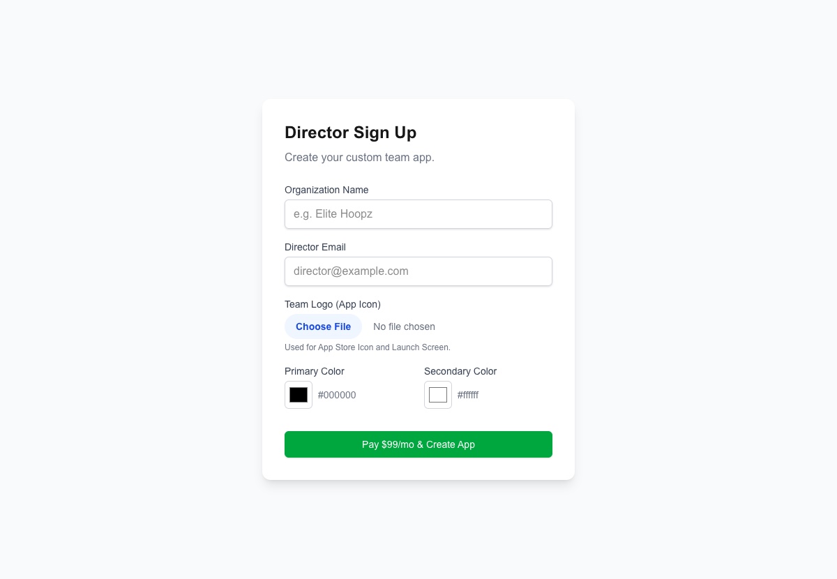 Director sign up page to create a custom team app