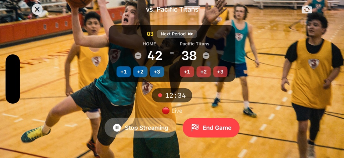 Streaming a live game with the on-screen scoreboard, 42 to 38, in the app