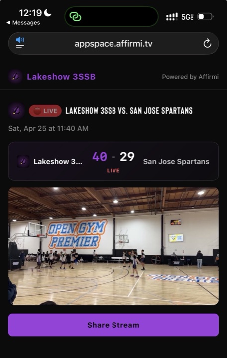 The branded watch page: live game, 40-29, video